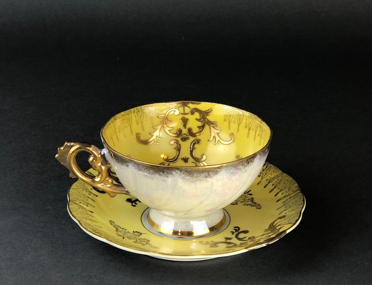 Antique Royal Sealy China Cup & Saucer – Yellow with Gold & Iridescent Finish