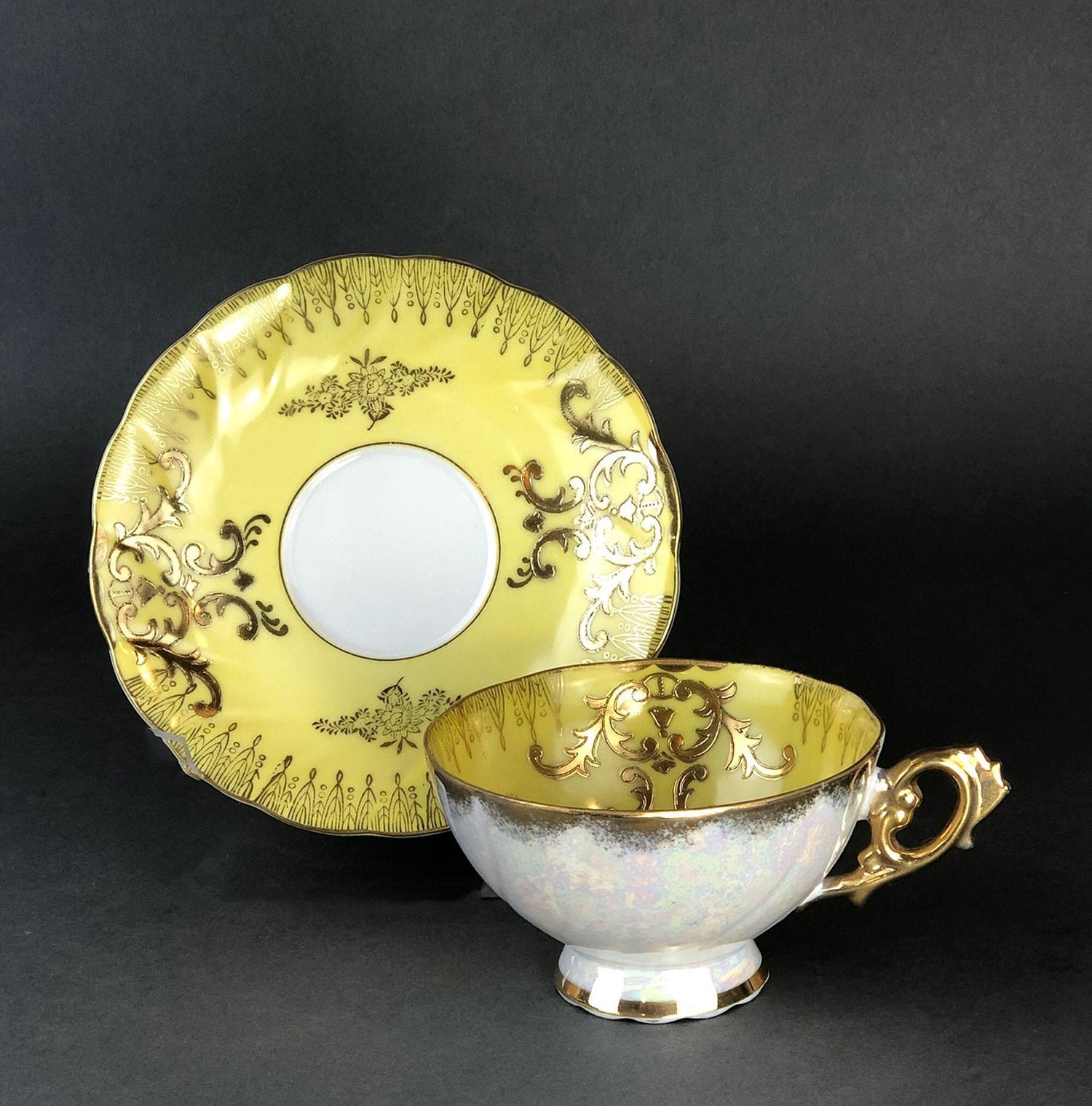 Antique Royal Sealy China Cup & Saucer – Yellow with Gold & Iridescent Finish