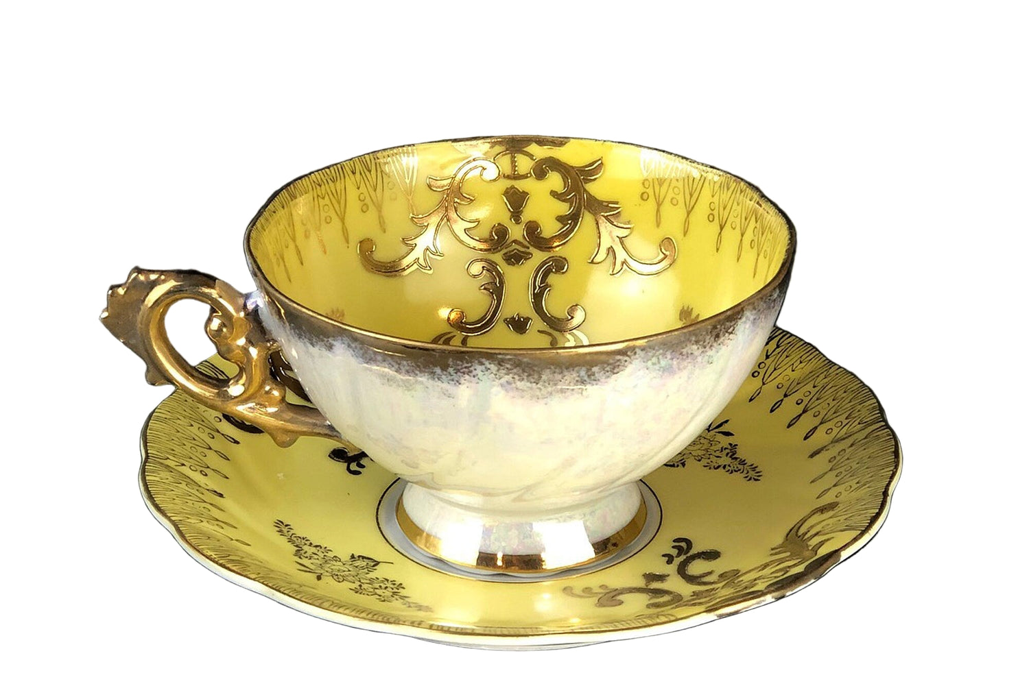 Antique Royal Sealy China Cup & Saucer – Yellow with Gold & Iridescent Finish