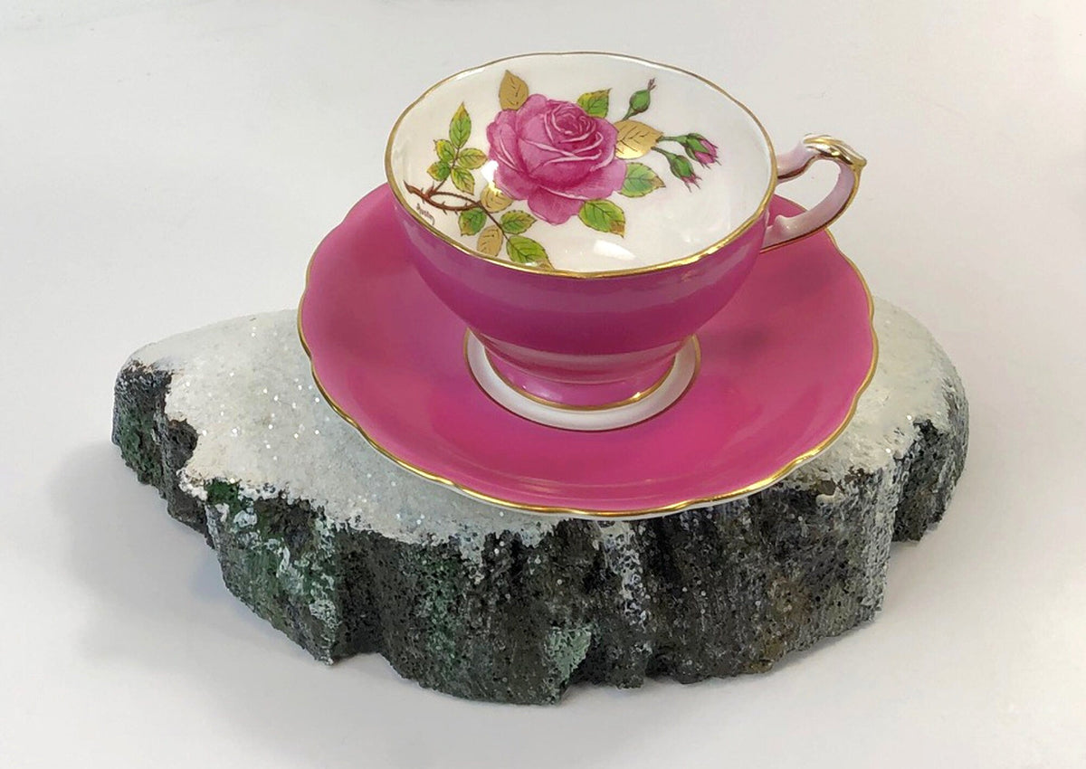 Vintage Staffordshire Hand Painted Cup & Saucer – Signed Pink & Green Design