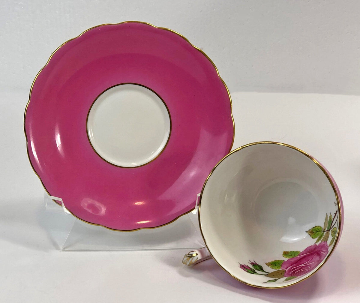 Vintage Staffordshire Hand Painted Cup & Saucer – Signed Pink & Green Design