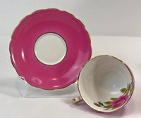 Vintage Staffordshire Hand Painted Cup & Saucer – Signed Pink & Green Design