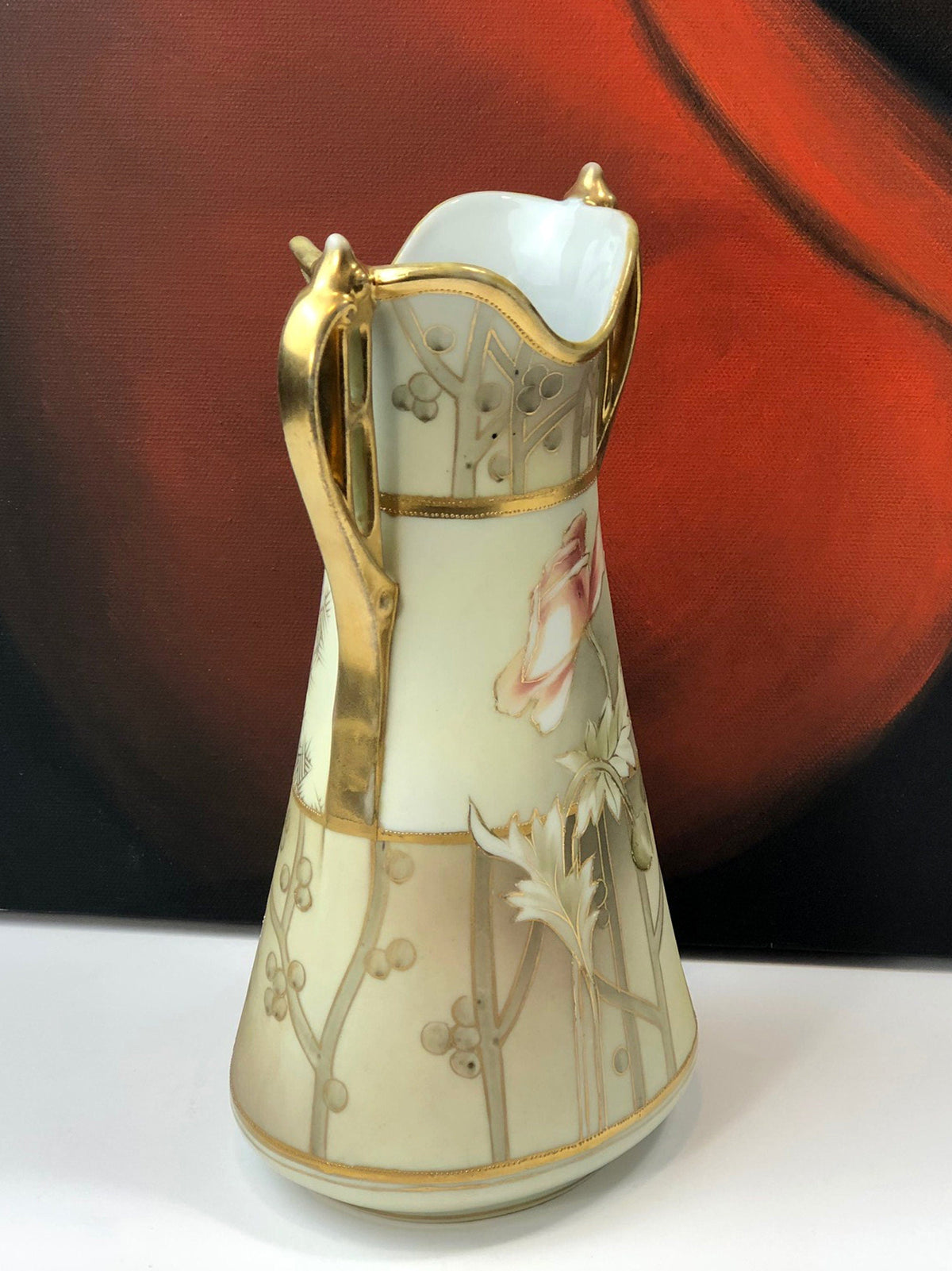 Hand Painted Nippon Art Nouveau Vase Japan Champagne Gold Pink Cream