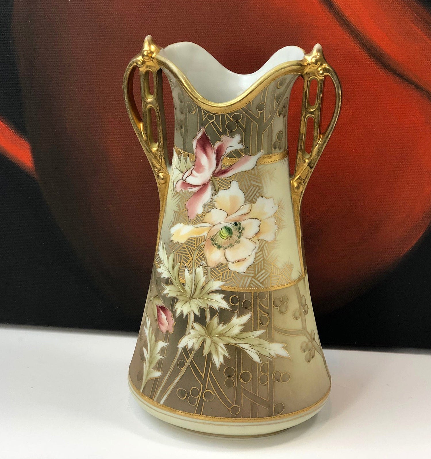 Hand Painted Nippon Art Nouveau Vase Japan Champagne Gold Pink Cream