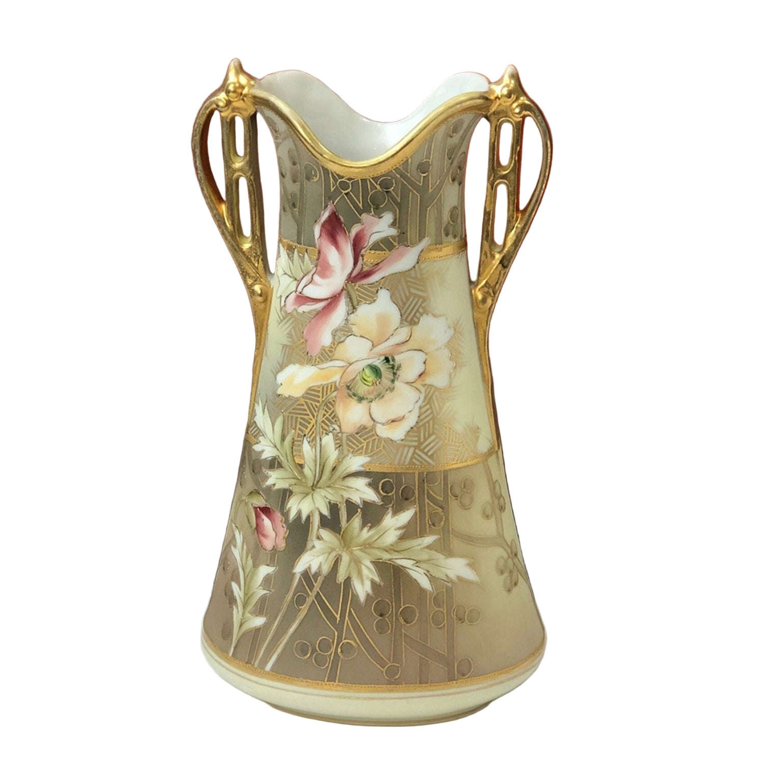 Hand Painted Nippon Art Nouveau Vase Japan Champagne Gold Pink Cream