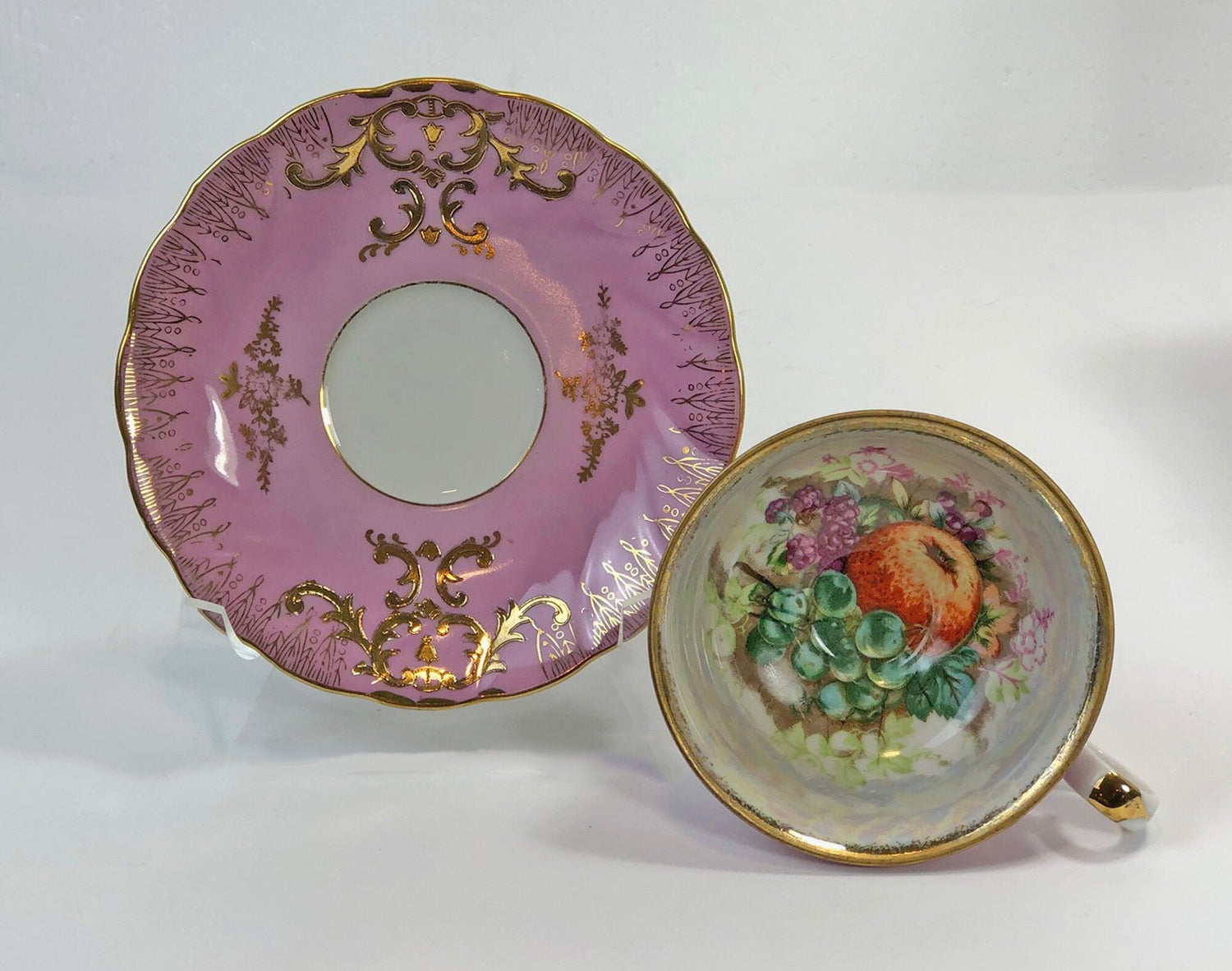 Royal Halsey & Royal Sealy Mismatched Tea Set – Iridescent Fruit Pattern Cup & Saucer