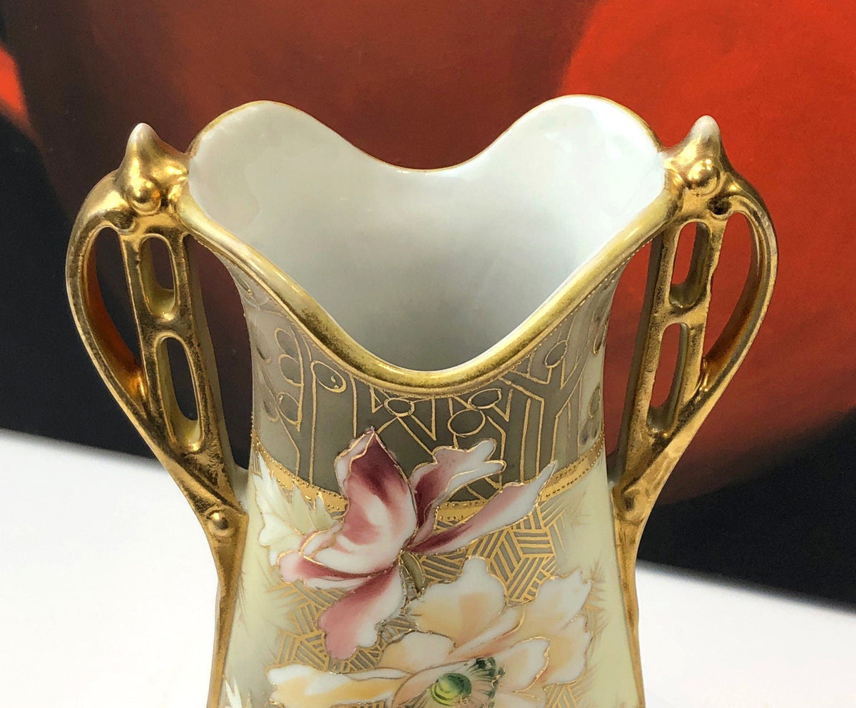 Hand Painted Nippon Art Nouveau Vase Japan Champagne Gold Pink Cream