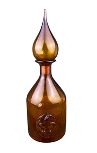 Vintage Brown Glass Decanter – Hand Blown with Drop Stopper & Fleur de Lis Detail