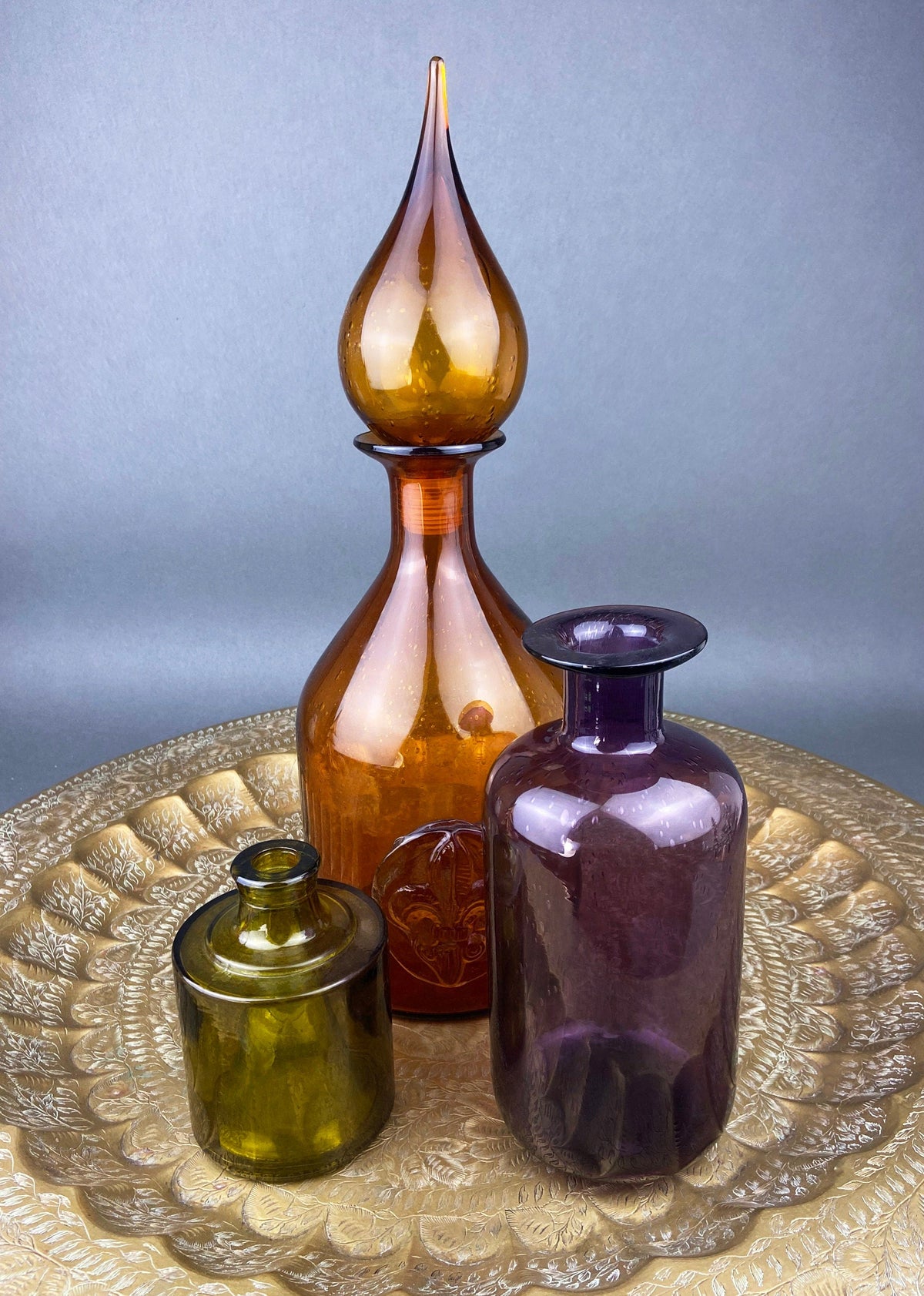 Vintage Brown Glass Decanter – Hand Blown with Drop Stopper & Fleur de Lis Detail