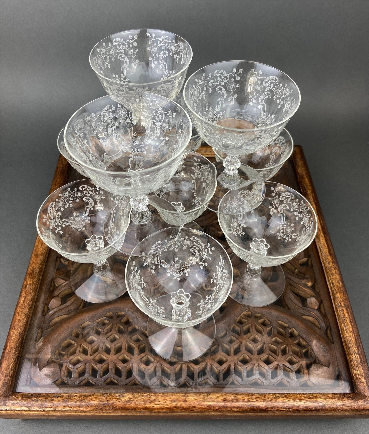 Fostoria Meadow Rose Etched Low Sherbet Glasses – Set of 10 Vintage Stemware
