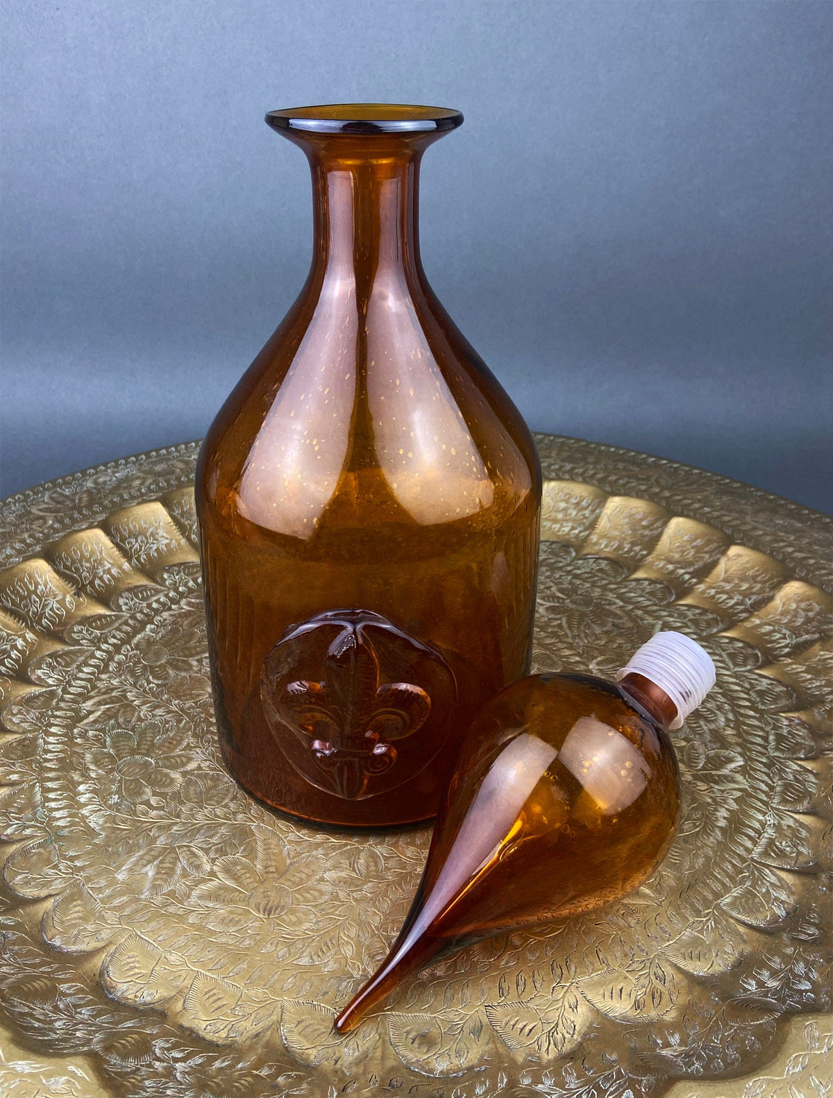 Vintage Brown Glass Decanter – Hand Blown with Drop Stopper & Fleur de Lis Detail