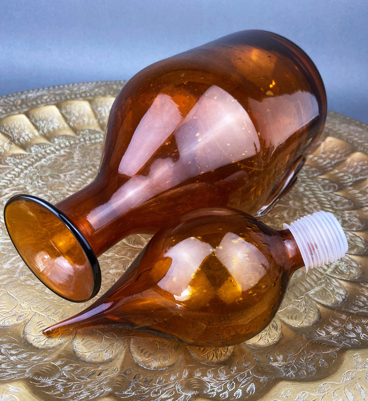 Vintage Brown Glass Decanter – Hand Blown with Drop Stopper & Fleur de Lis Detail