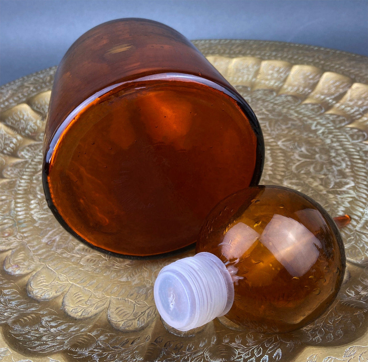 Vintage Brown Glass Decanter – Hand Blown with Drop Stopper & Fleur de Lis Detail