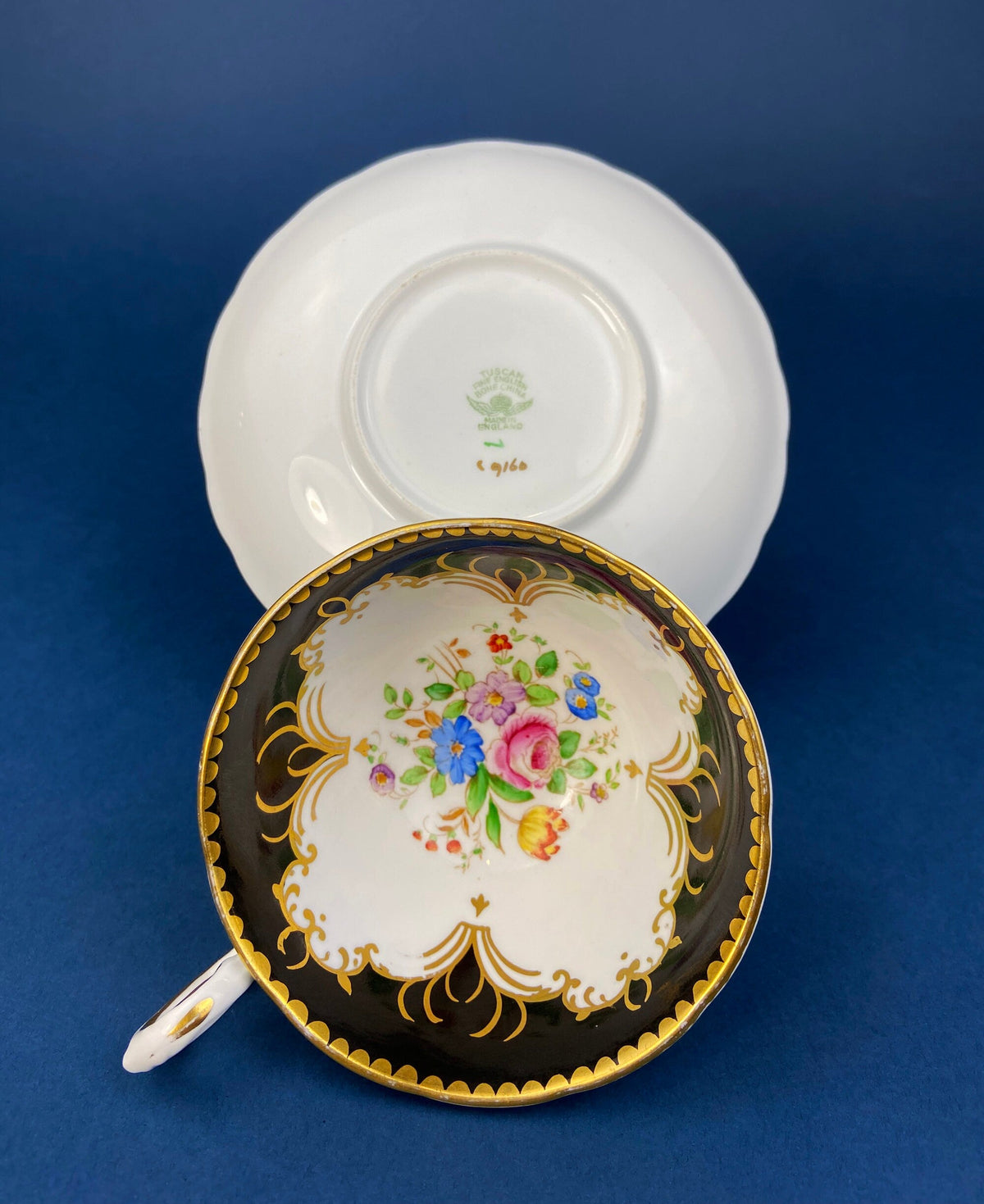 Vintage Tuscan Cup & Saucer – Black, White & Gold Floral Pattern