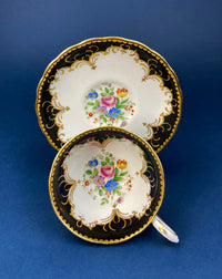 Vintage Tuscan Cup & Saucer – Black, White & Gold Floral Pattern