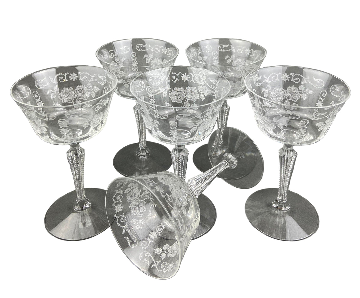 Antique Fostoria Crystal Sherbet Glasses – Set of 6 Etched Midnight Rose Pattern