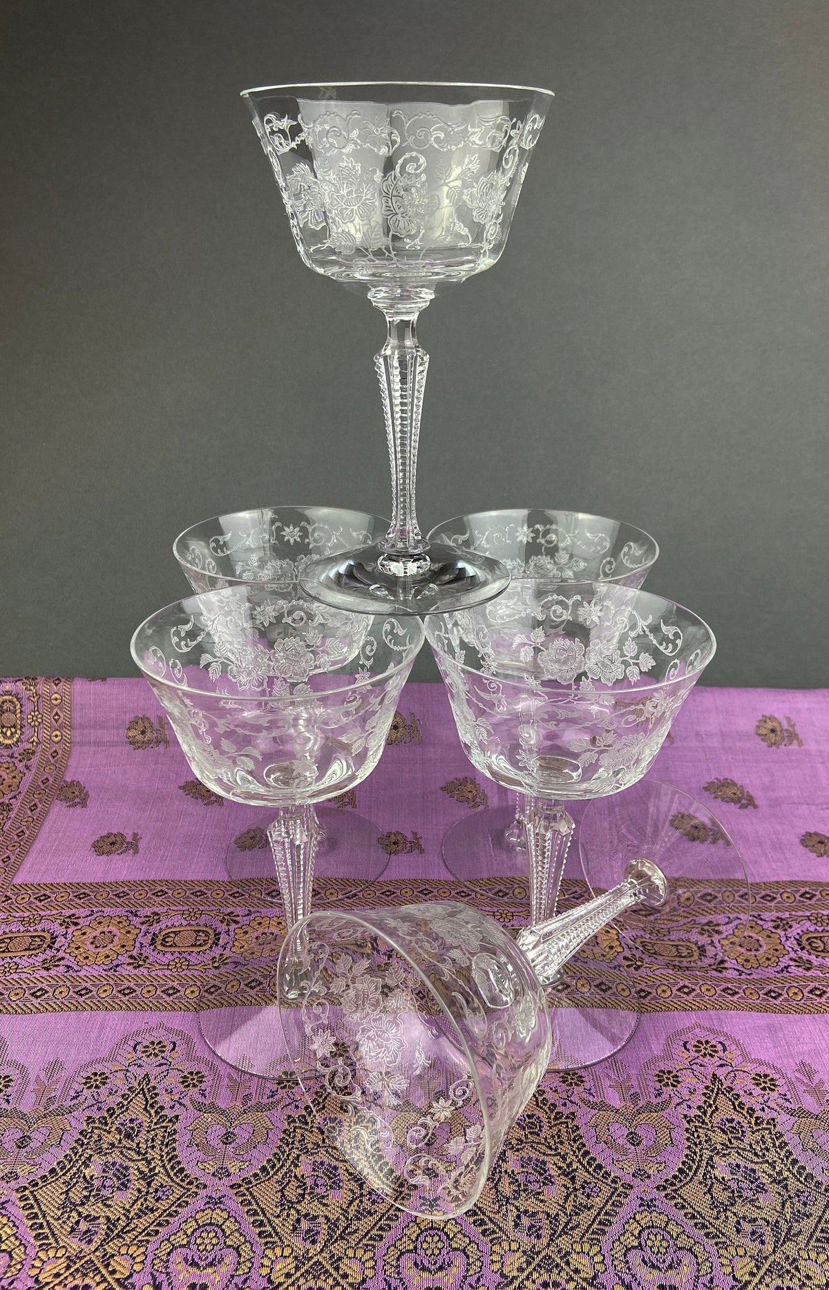 Antique Fostoria Crystal Sherbet Glasses – Set of 6 Etched Midnight Rose Pattern