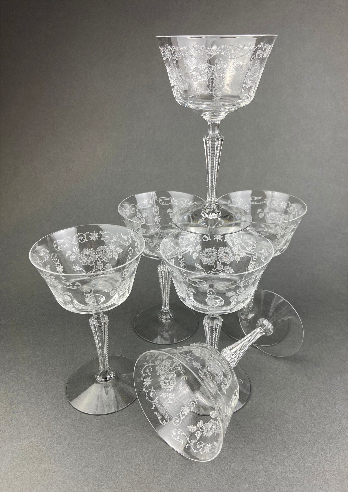 Antique Fostoria Crystal Sherbet Glasses – Set of 6 Etched Midnight Rose Pattern