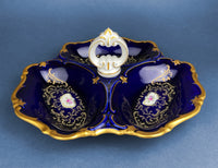 Antique Hand Painted Porcelain Divided Serving Dish with Handle