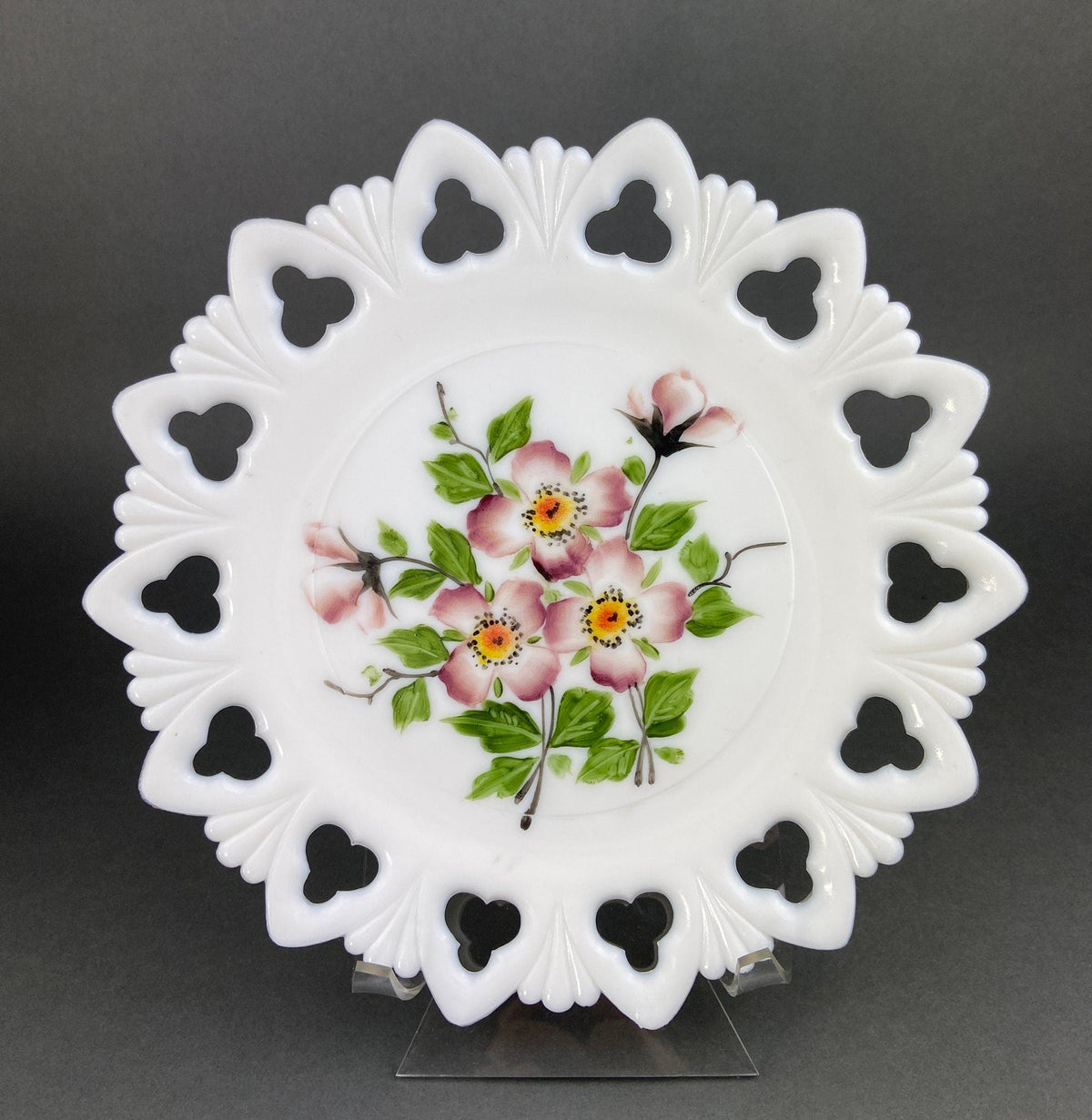 Westmoreland Milk Glass Plates – Set of 4 Hand Painted Floral & Fruit Designs with Reticulated Rim