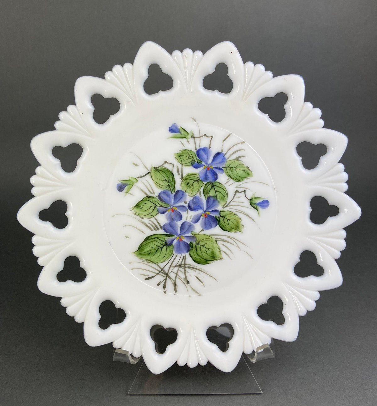 Westmoreland Milk Glass Plates – Set of 4 Hand Painted Floral & Fruit Designs with Reticulated Rim
