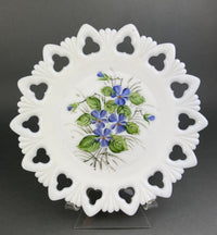Westmoreland Milk Glass Plates – Set of 4 Hand Painted Floral & Fruit Designs with Reticulated Rim