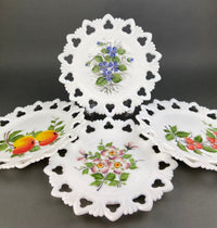 Westmoreland Milk Glass Plates – Set of 4 Hand Painted Floral & Fruit Designs with Reticulated Rim