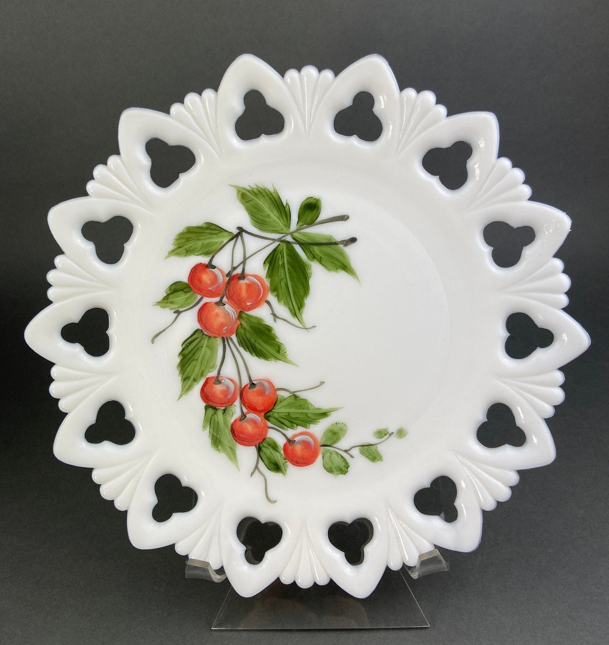 Westmoreland Milk Glass Plates – Set of 4 Hand Painted Floral & Fruit Designs with Reticulated Rim