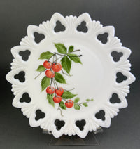Westmoreland Milk Glass Plates – Set of 4 Hand Painted Floral & Fruit Designs with Reticulated Rim