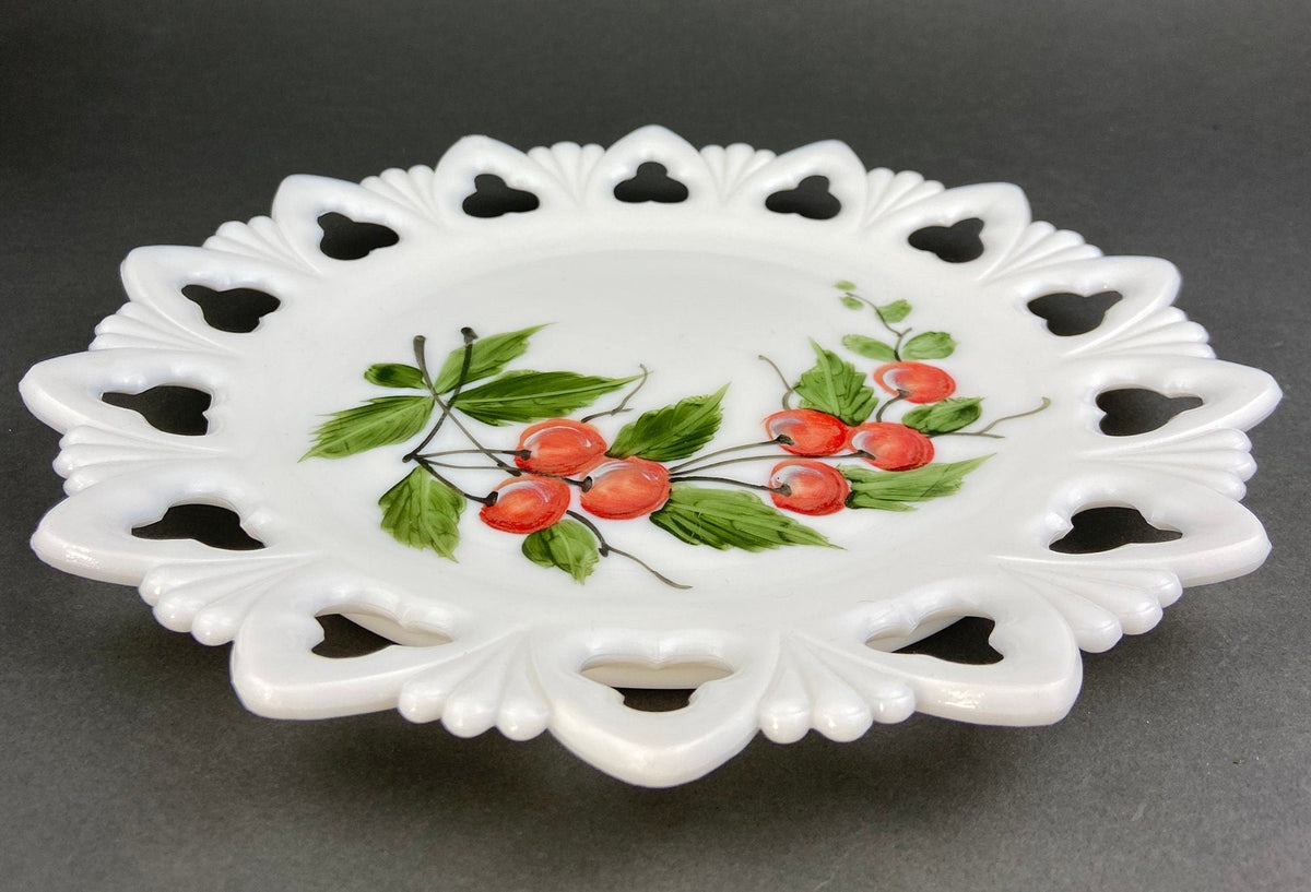 Westmoreland Milk Glass Plates – Set of 4 Hand Painted Floral & Fruit Designs with Reticulated Rim