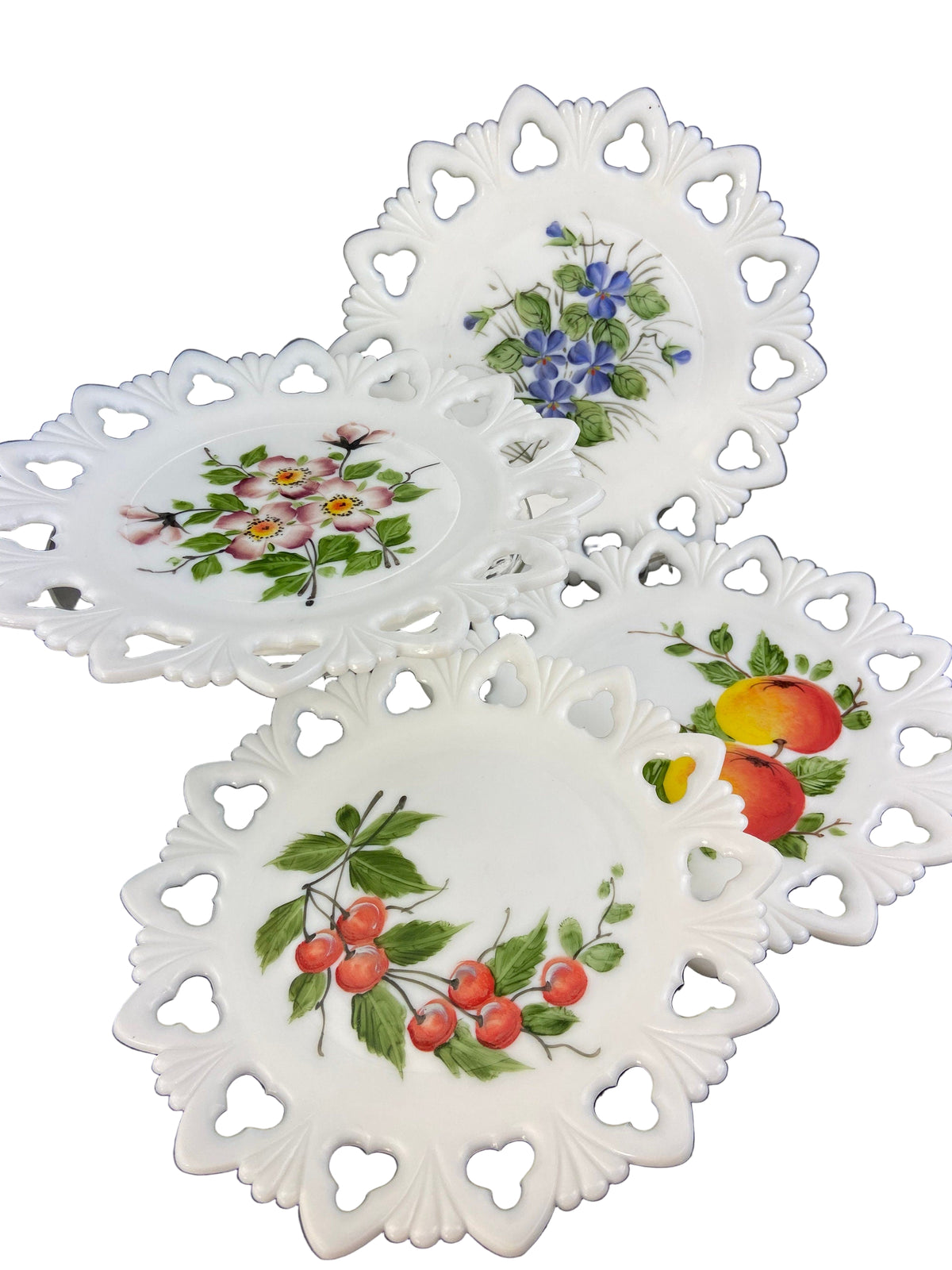 Westmoreland Milk Glass Plates – Set of 4 Hand Painted Floral & Fruit Designs with Reticulated Rim