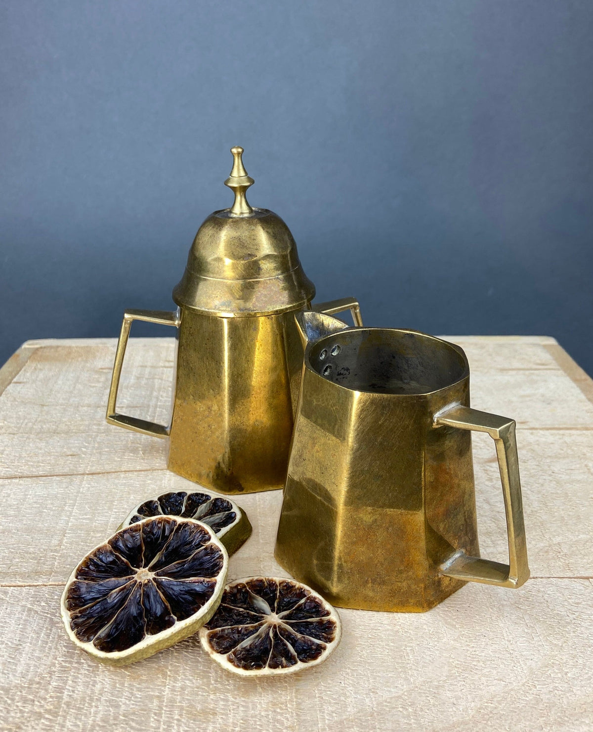 Antique Brass Coffee Set – Pot, Creamer & Sugar Bowl with Handles