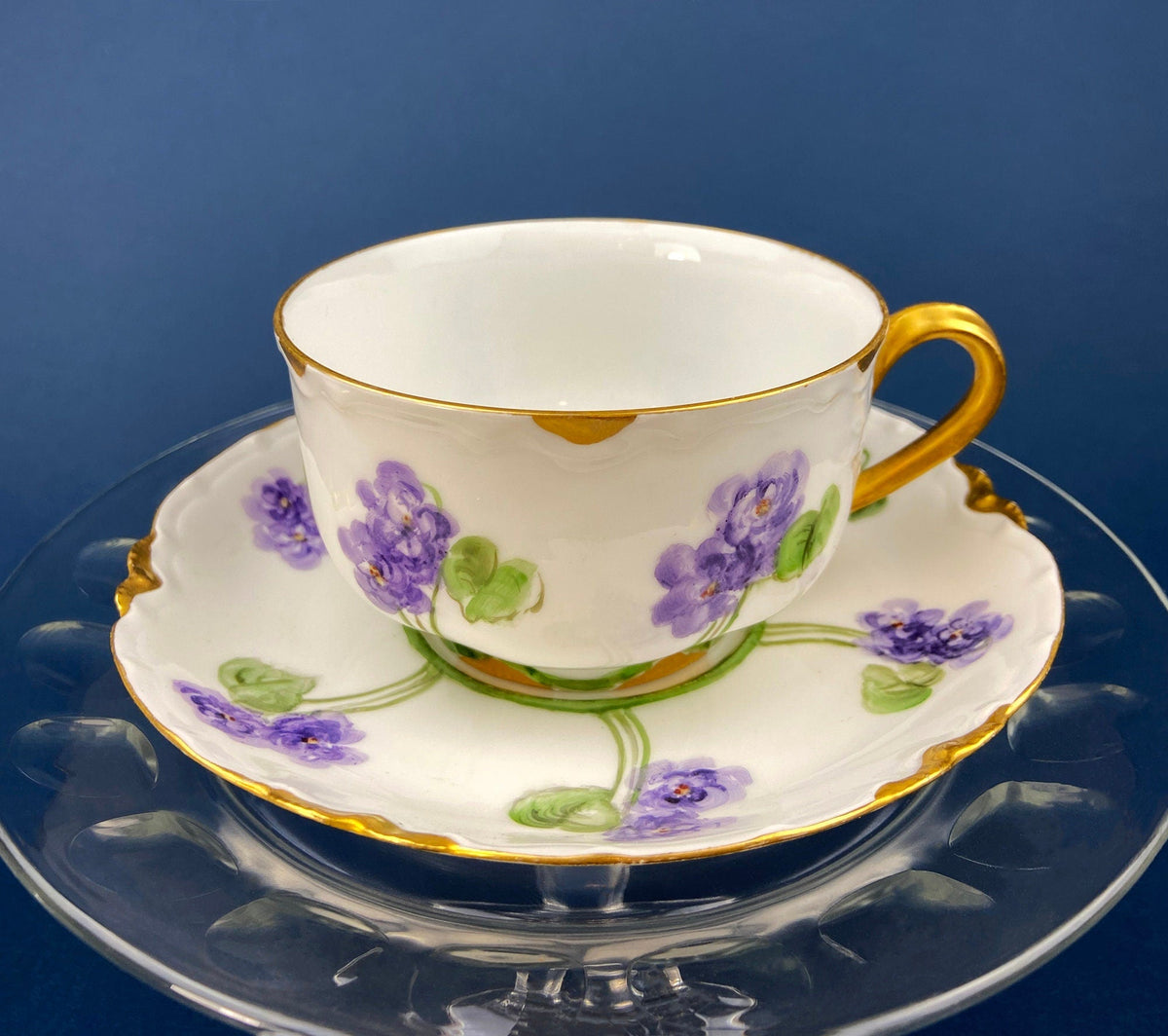 Antique Haviland Limoges Cup & Saucer – Hand Painted Violet Motif France