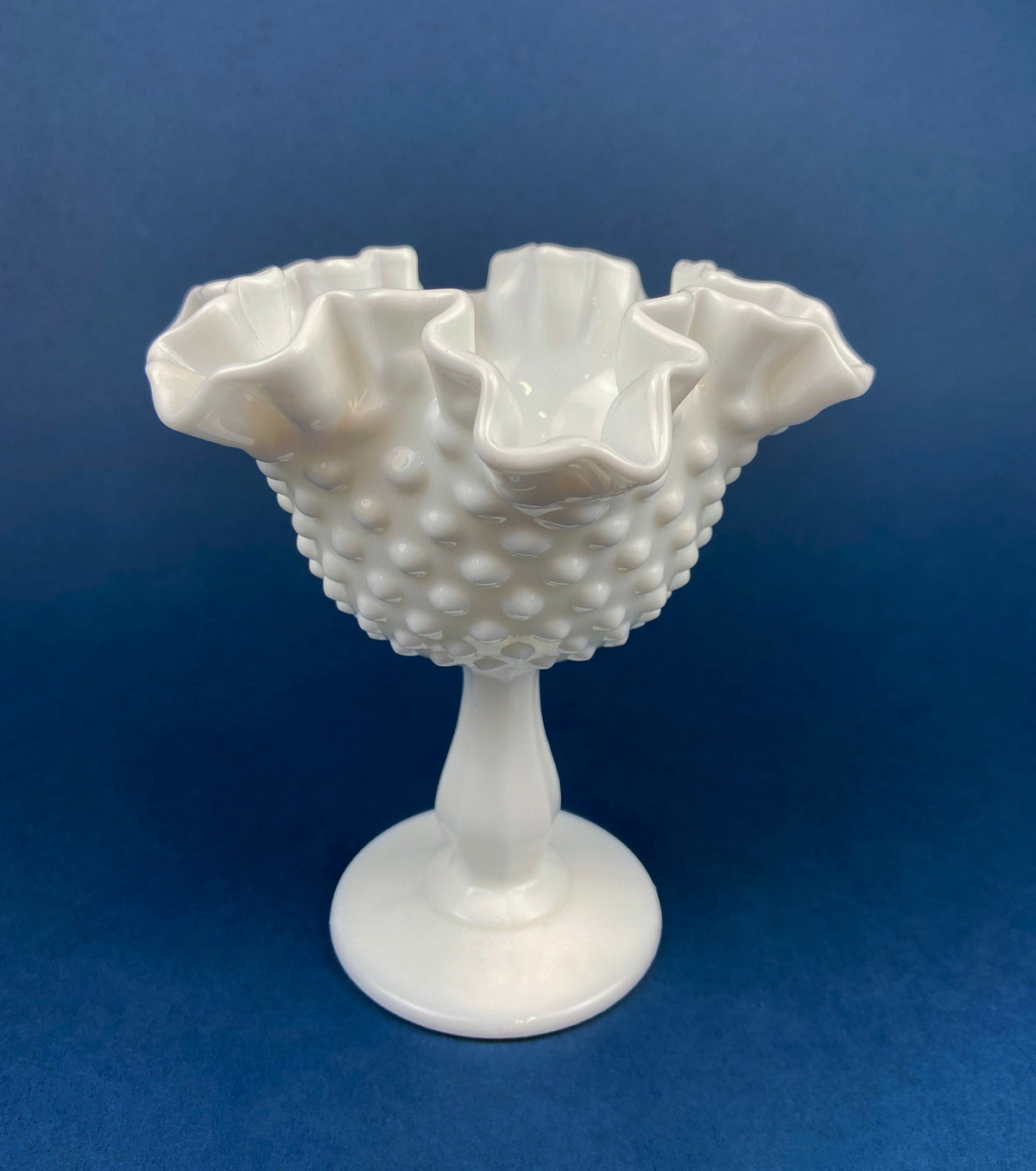 Fenton Hand Painted Milk Glass Compote – Hobnail Ruffled Bowl