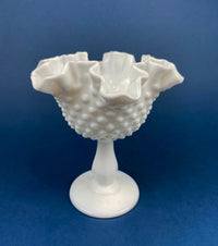 Fenton Hand Painted Milk Glass Compote – Hobnail Ruffled Bowl