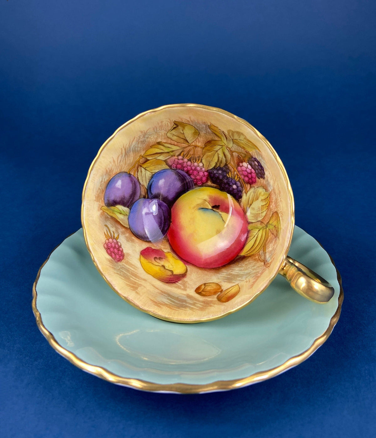 Vintage Paragon Mint Green & Gold Tea Cup & Saucer – Fruit Motif