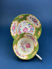 Antique Occupied Japan Cup And Saucer Emerald Green Gold Pink Pattern