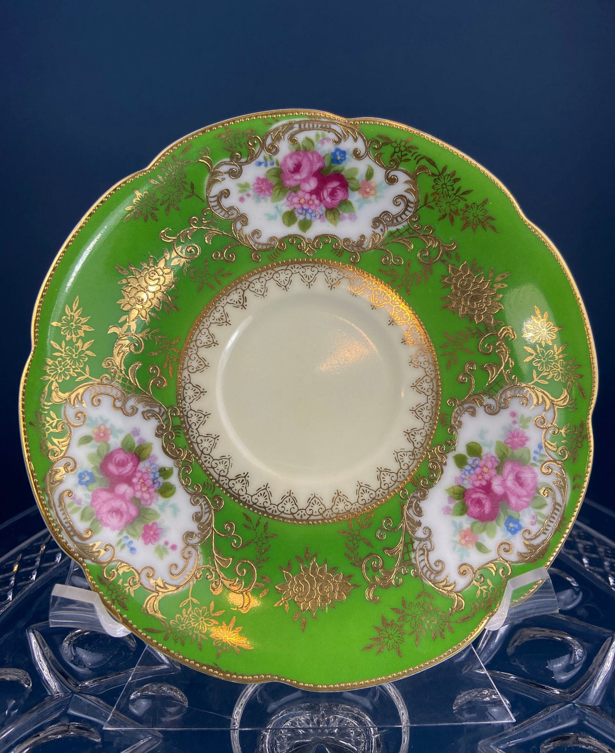 Antique Occupied Japan Cup And Saucer Emerald Green Gold Pink Pattern