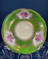 Antique Occupied Japan Cup And Saucer Emerald Green Gold Pink Pattern