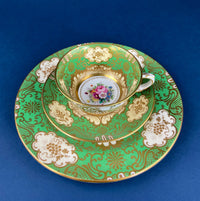Antique Occupied Japan Cup And Saucer Emerald Green Gold Pink Pattern