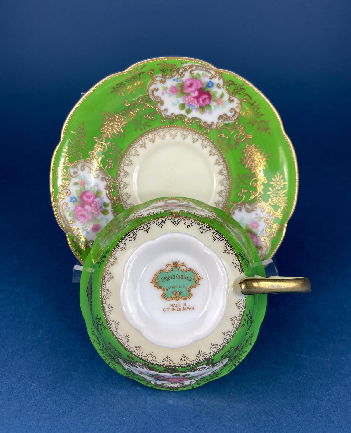 Antique Occupied Japan Cup And Saucer Emerald Green Gold Pink Pattern