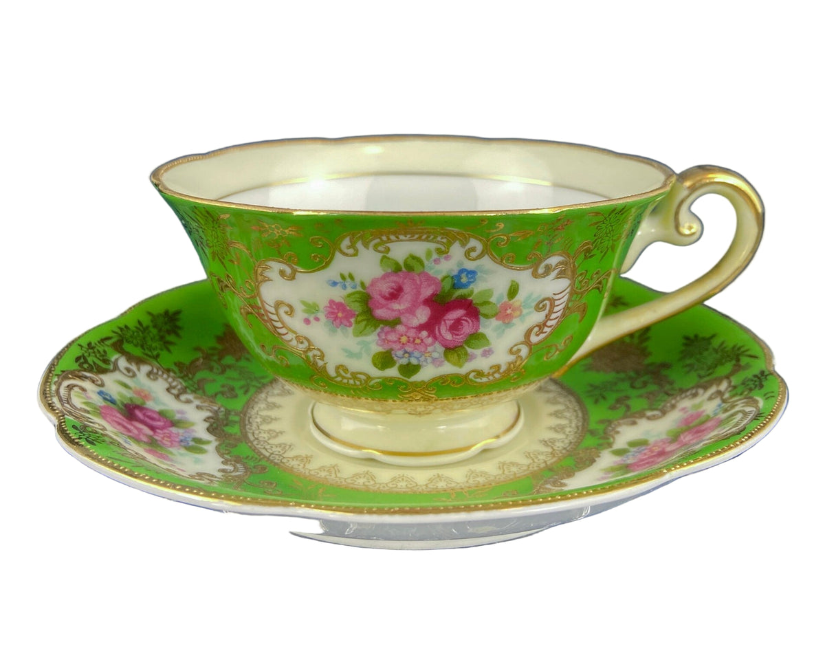 Antique Occupied Japan Cup And Saucer Emerald Green Gold Pink Pattern