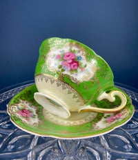 Antique Occupied Japan Cup And Saucer Emerald Green Gold Pink Pattern