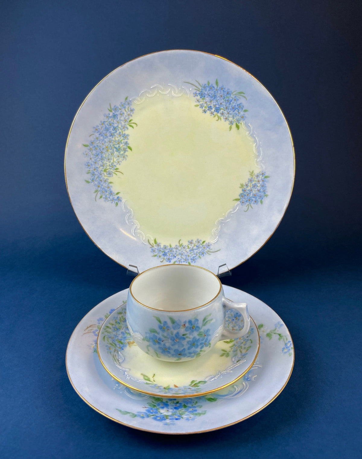 Antique Forget-Me-Not Porcelain Set – Cup, Saucer, and Plates