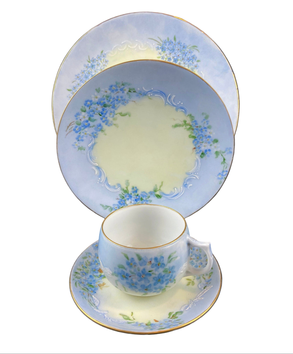 Antique Forget-Me-Not Porcelain Set – Cup, Saucer, and Plates