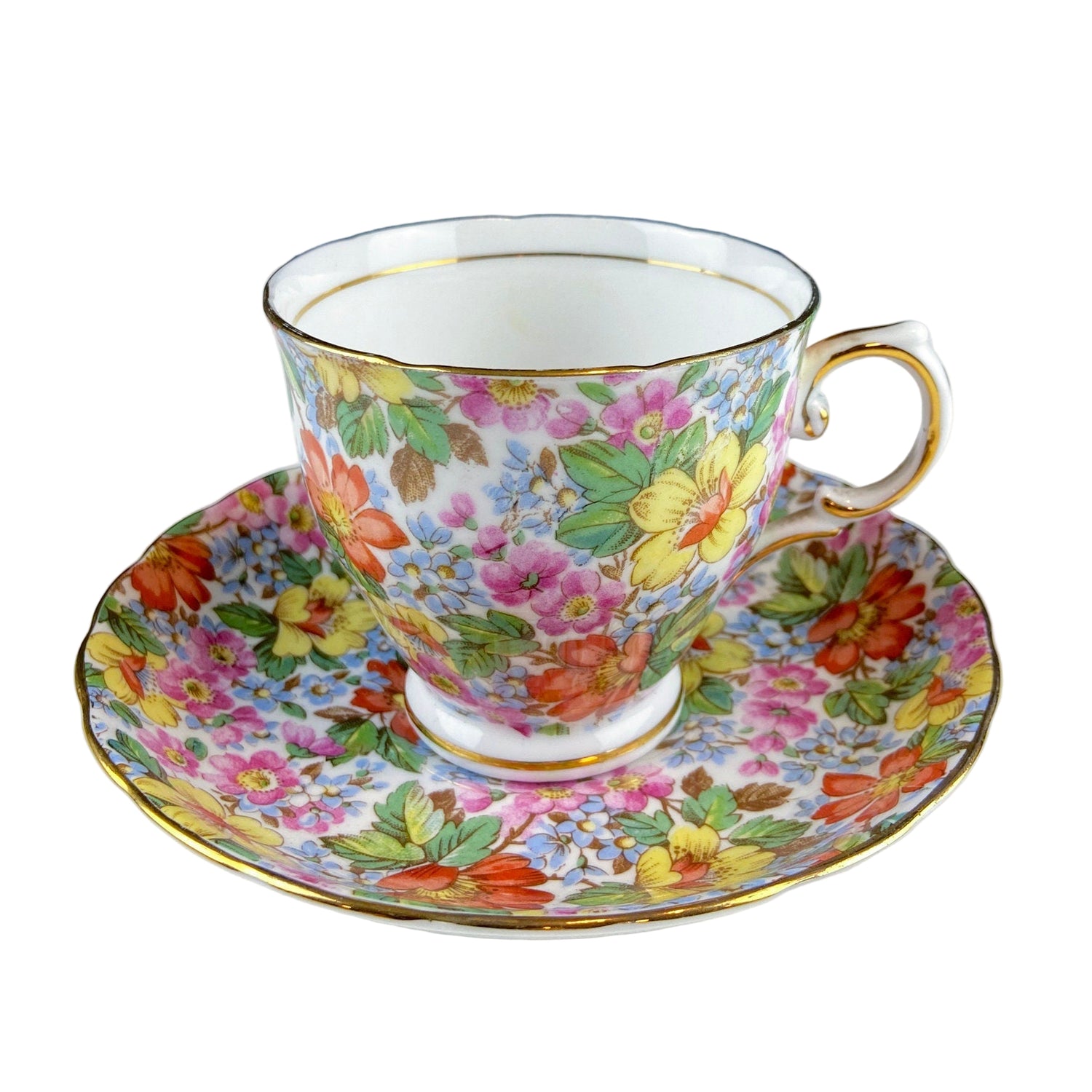 Colorful Tuscan Cup & Saucer. Hand-Painted Flower Motif. Vintage Breakfast Tea Set. Garden Tea Party. Gift for Mom, Tea Connoisseur.