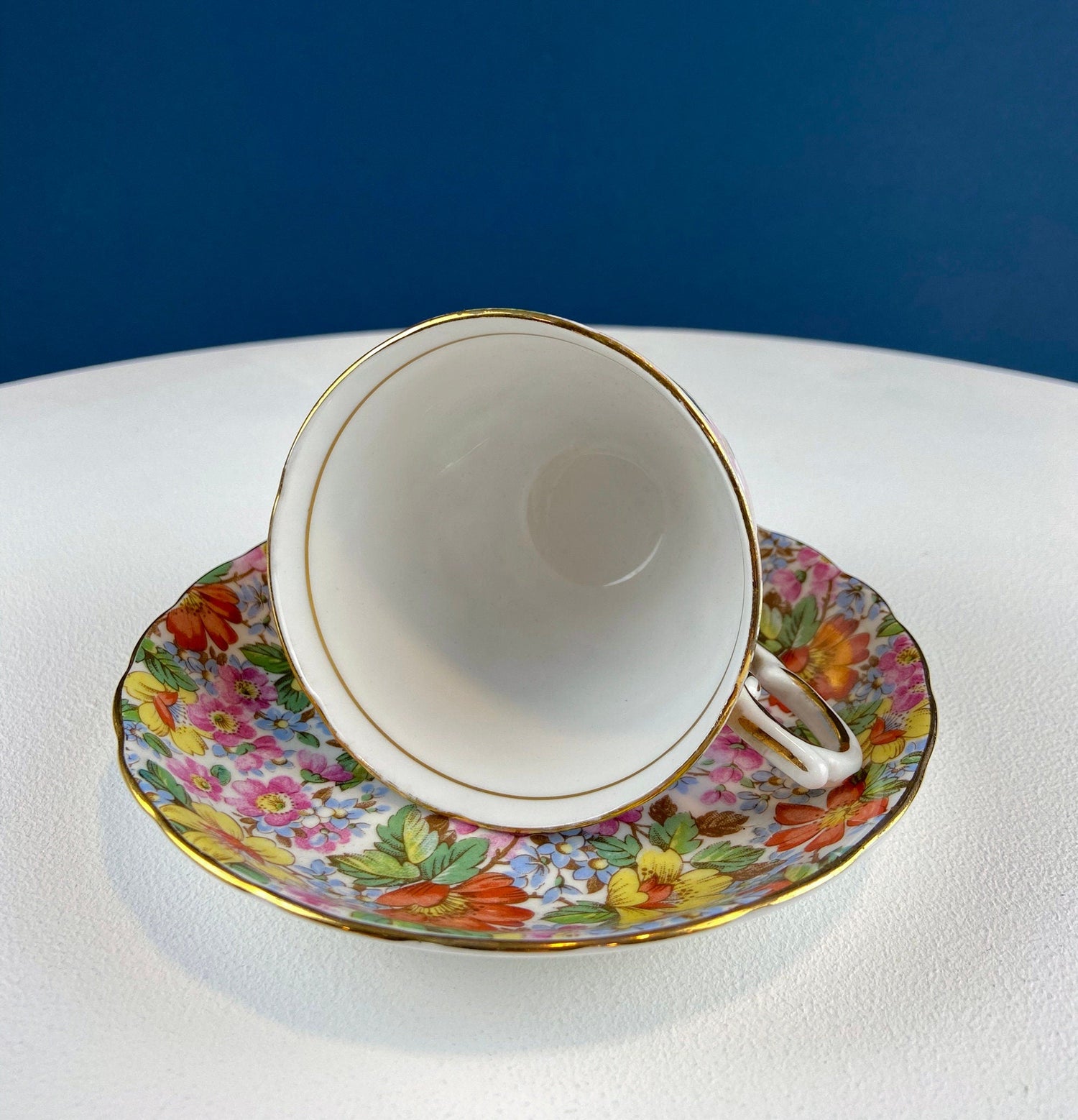 Colorful Tuscan Cup & Saucer. Hand-Painted Flower Motif. Vintage Breakfast Tea Set. Garden Tea Party. Gift for Mom, Tea Connoisseur.