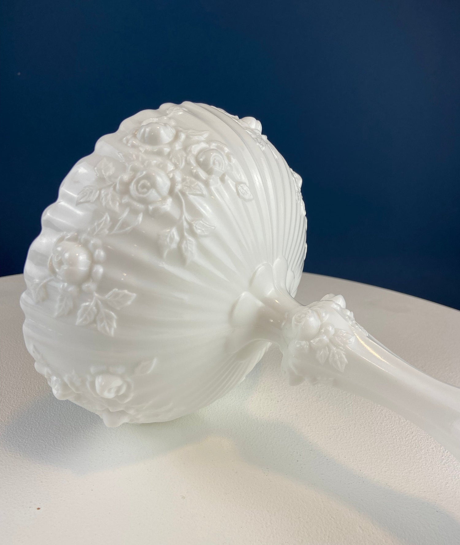 Milk Glass Footed Bowl with 3D Roses – Scalloped Rim Compote