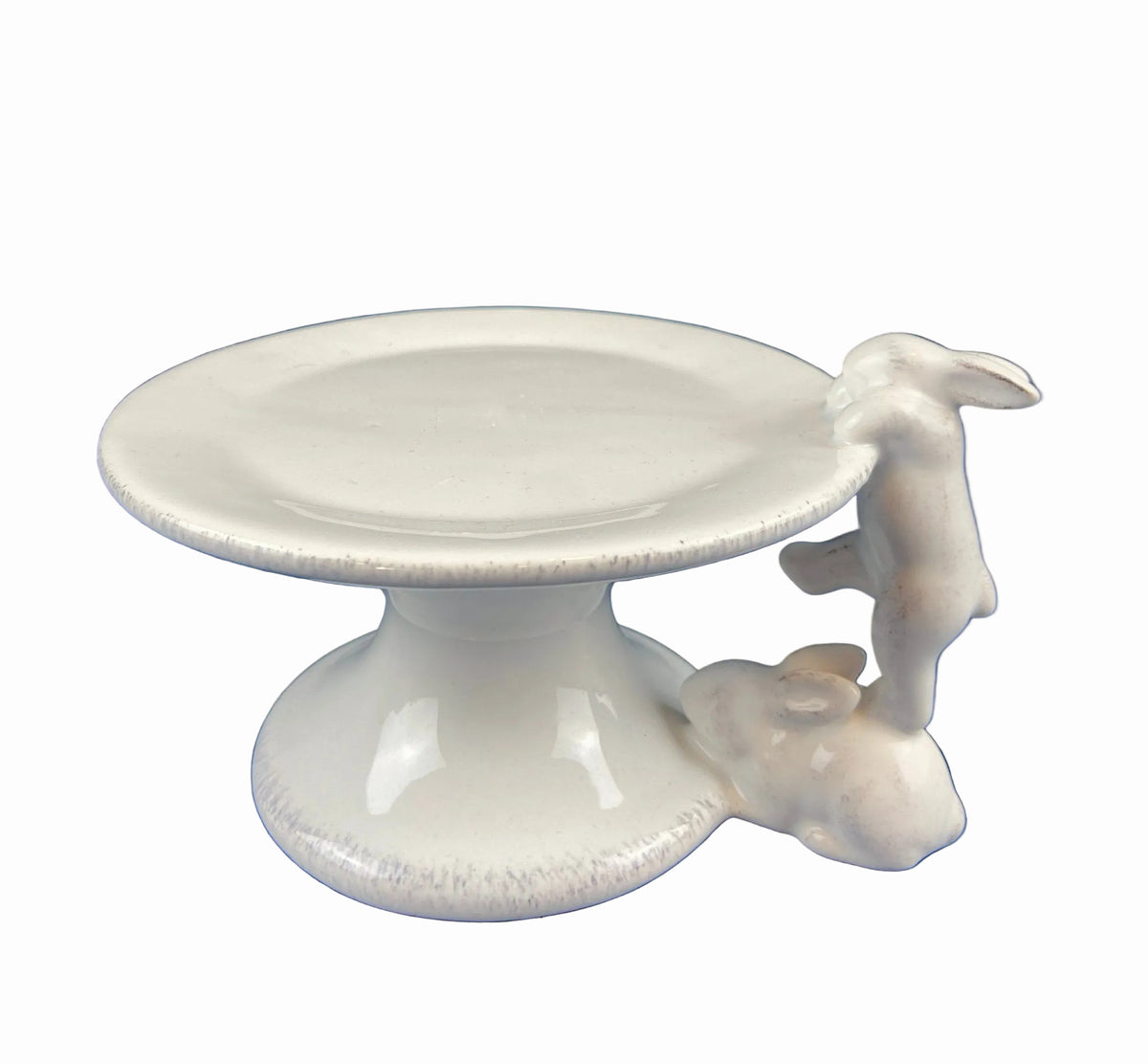 White Porcelain, Cupcake Sized Stand. Climbing Bunnies Detail. Rabbit Themed Table Accessories. Candy Dish, Candle Holder, Modern Farmhouse.