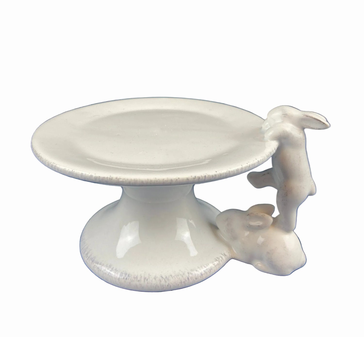 White Porcelain, Cupcake Sized Stand. Climbing Bunnies Detail. Rabbit Themed Table Accessories. Candy Dish, Candle Holder, Modern Farmhouse.